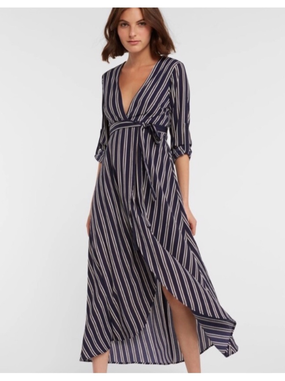 FAVLUX Navy White and Tan Striped V-Neck Faux Wrap Maxi Dress - size L